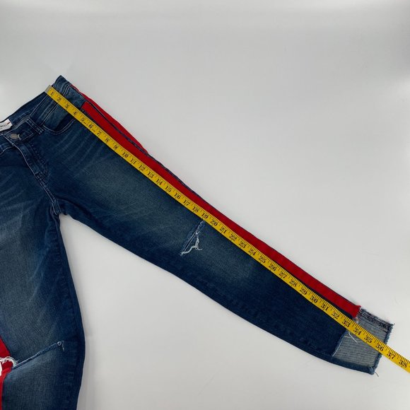 Etienne Marcel Tammy Side Stripe Skinny Double Red Ribbon High Low Raw Hem Jeans - Picture 12 of 16